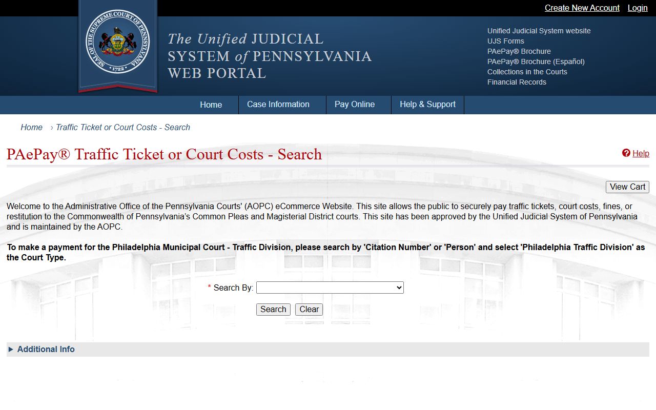 Warren County court dockets PAePay search page
