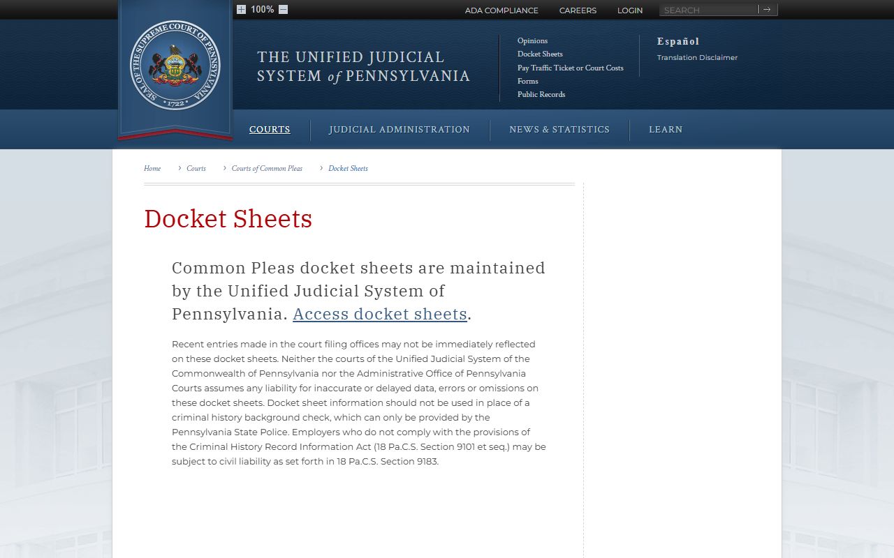 Warren County court records UJS docket sheets page