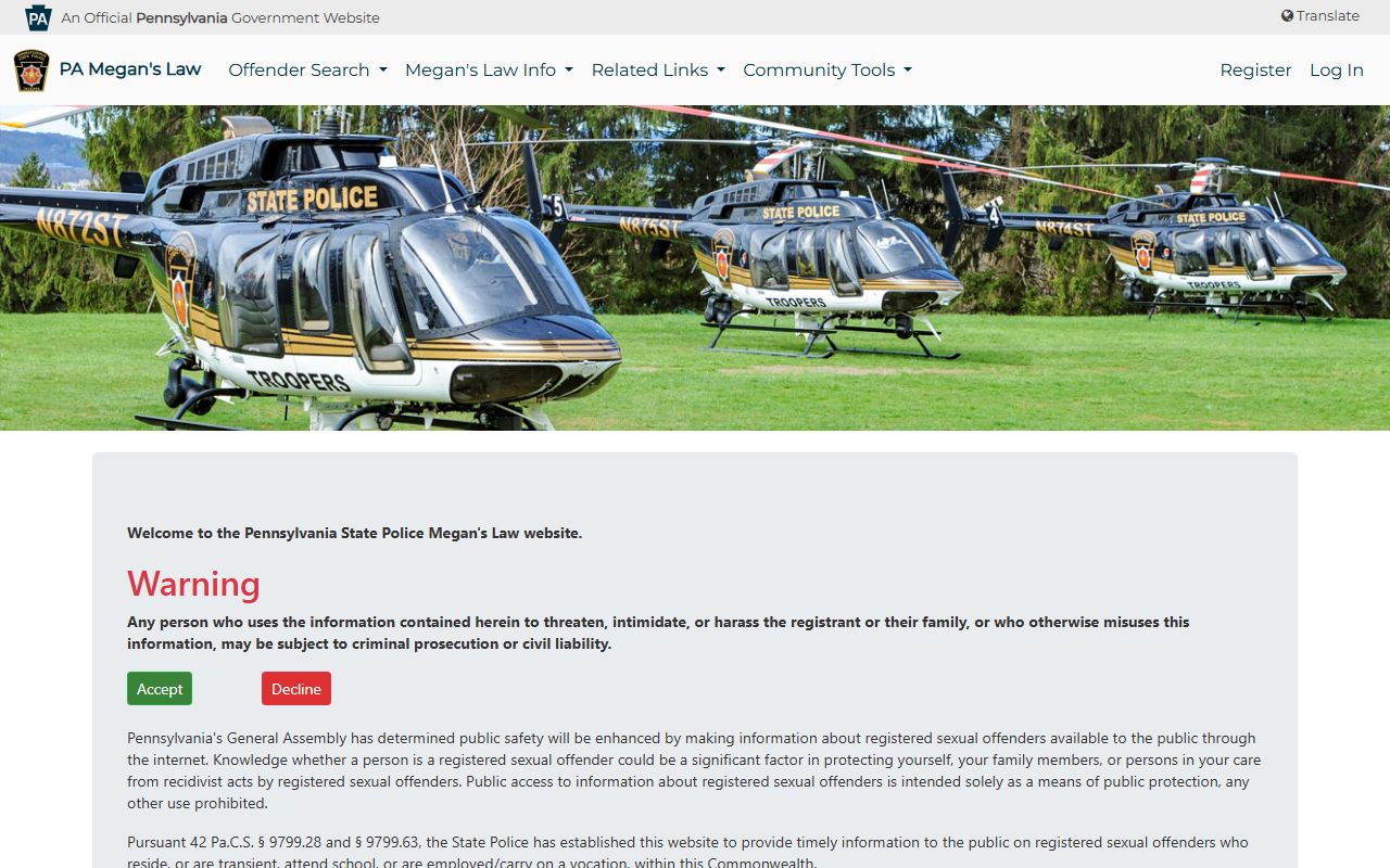 Warren County criminal court records Pennsylvania Megan's Law registry