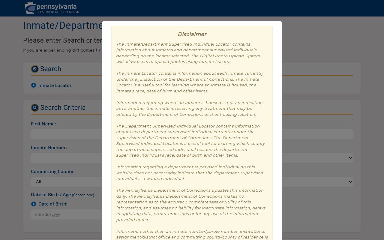 Warren County inmate search Pennsylvania DOC locator fields