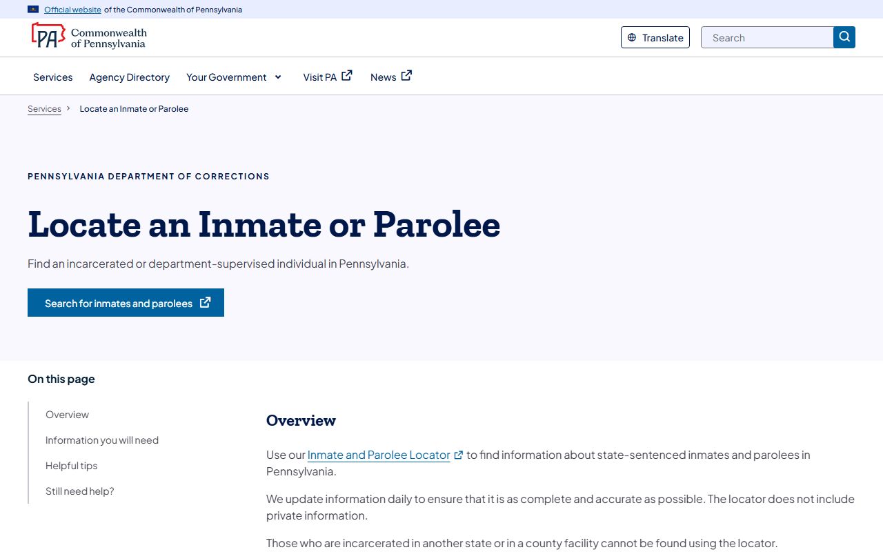 Warren County inmate search Pennsylvania DOC service page