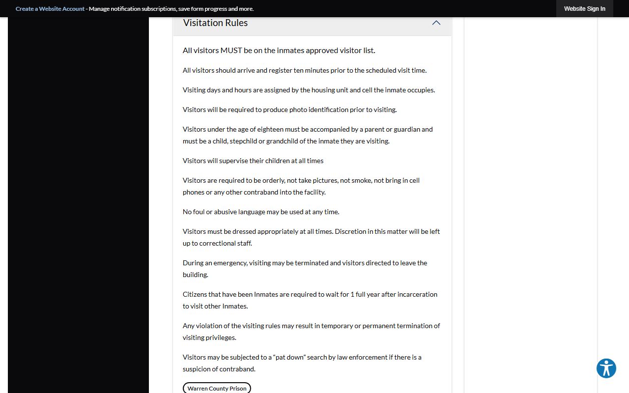 Warren County inmate search prison FAQ visitation rules