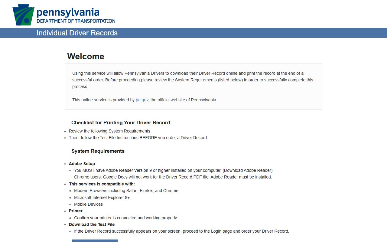 Warren County traffic court records PennDOT Individual Driver Records portal